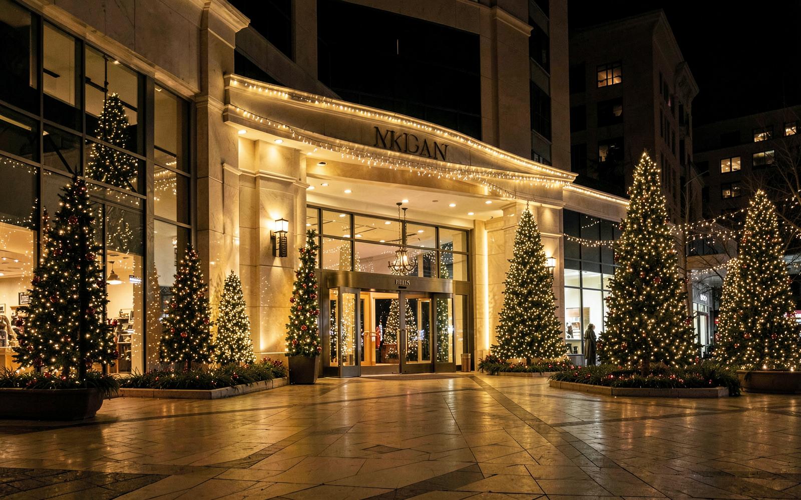 Shopping center entrance decorated with commercial Christmas lighting