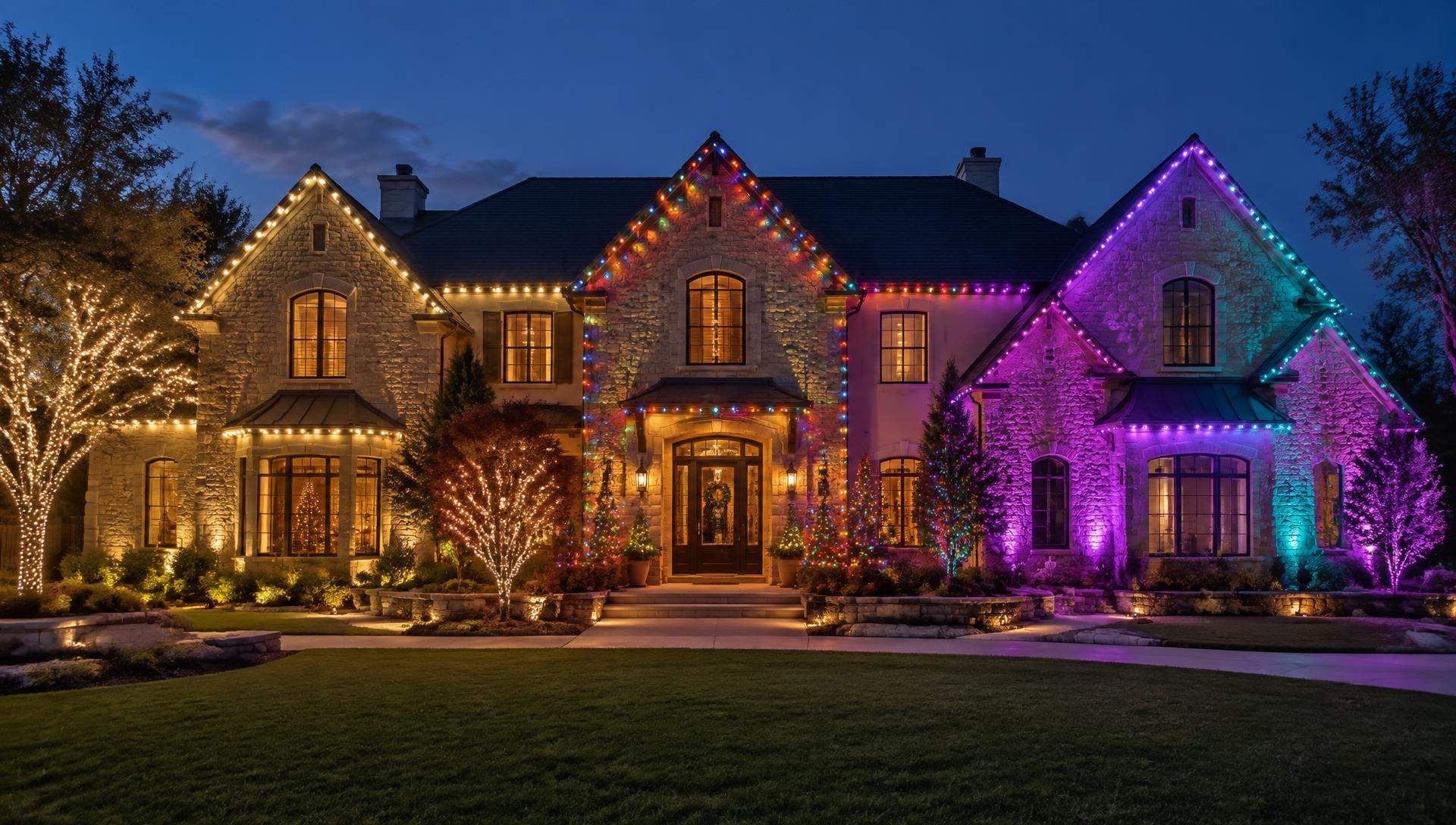 One home lit three ways: warm white Classic Glow, multicolor Signature Glow, and color-changing Everglow Elite
